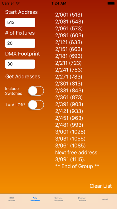 Image of the Auto Addresser tab of the DMXRef app.