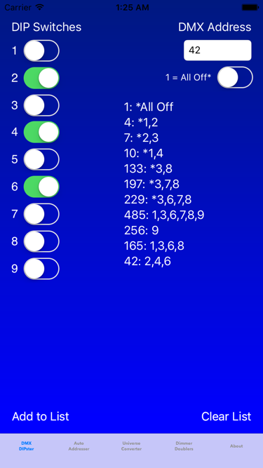 Image of the DMXDIPster tab of DMXRef on mobile.