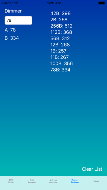 Image of the Dimmer Doubler tab in DMXRef.